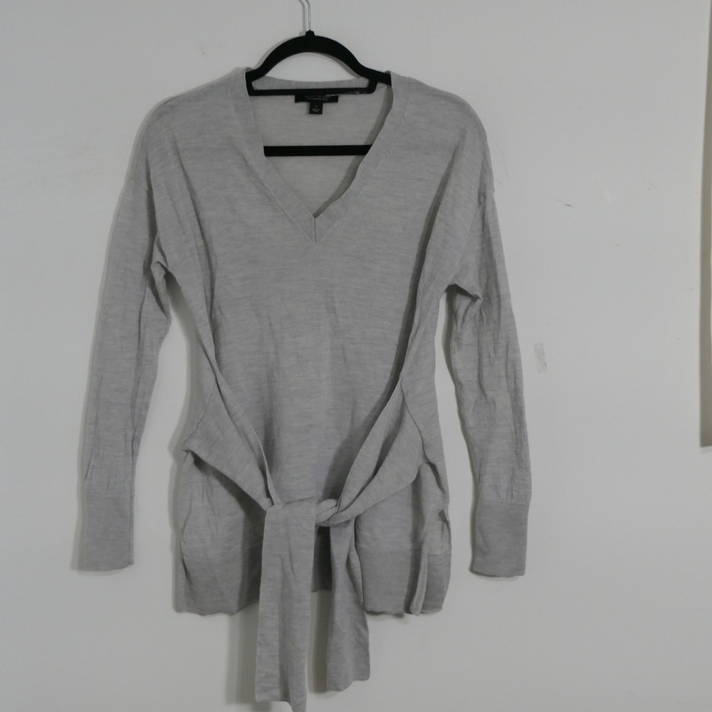 Ann Taylor Women Sweater S Gray 100% Merino Wool Tunic Tie Waist Tunic